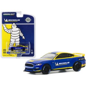 2019 Ford Mustang Shelby GT350R “Michelin Tires” Blue with Yellow Stripes “Hobby Exclusive” 1/64 Diecast Model Car by Greenlight