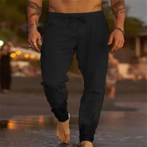 Men’s Solid Color Cotton Linen Loose Beach Casual Pants
