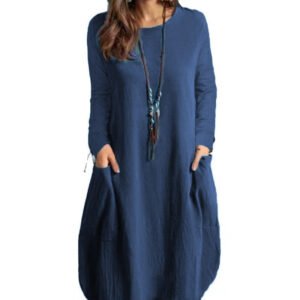 Women’s Autumn Cotton And Linen Loose Casual Solid Color Long-sleeved Dress